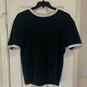 Zara Men's Dark Green and White Short Sleeve Tee